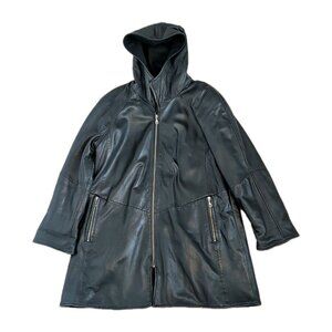 Danier Leather Jacket Womens Medium Black Vintage Gothic Hood Wool Biker Long